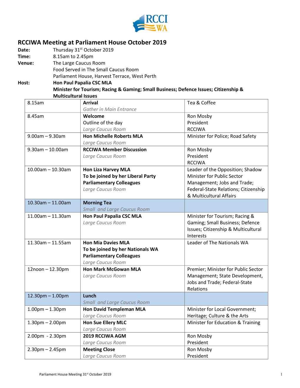 RCCIWA Meeting at Parliament House October 2019