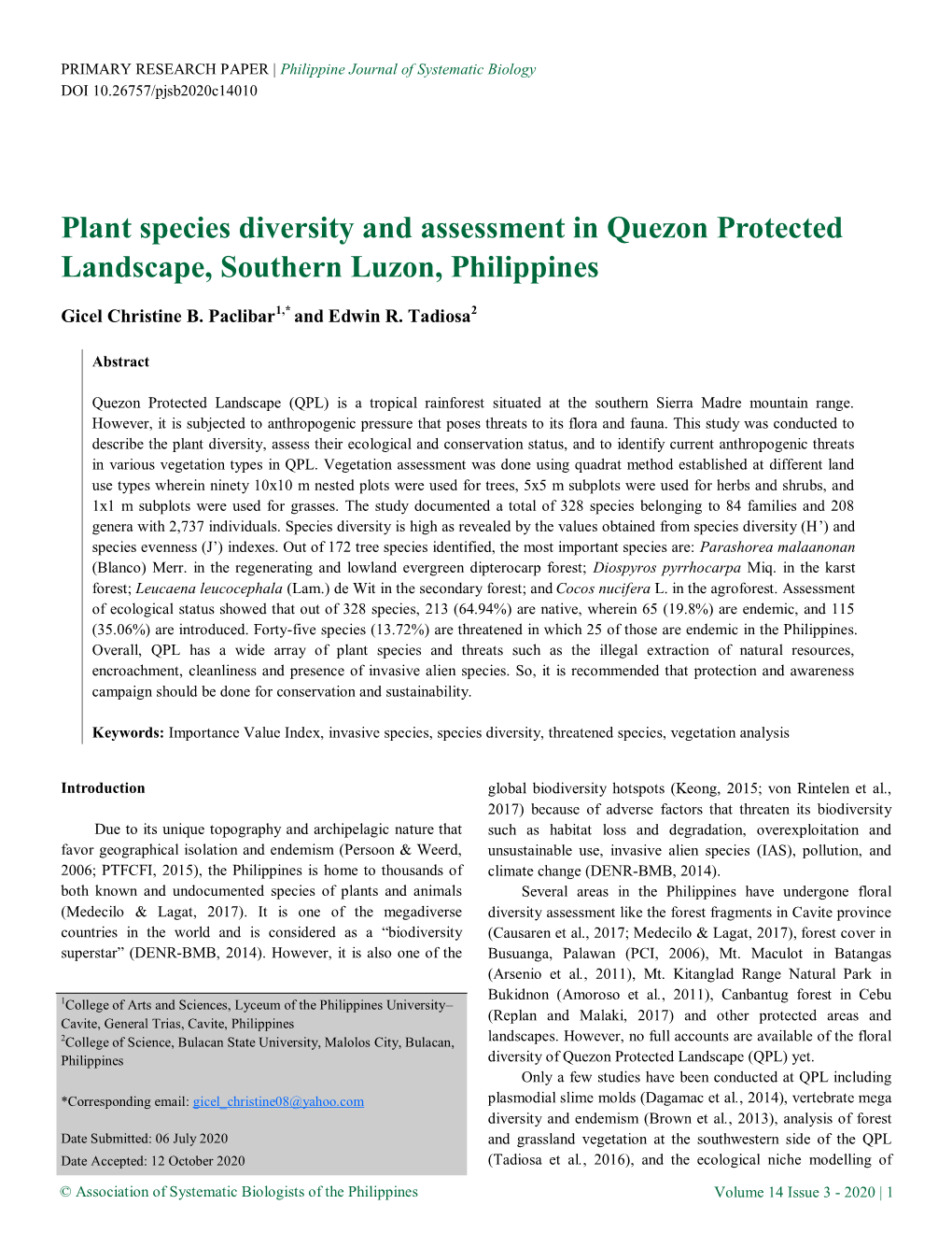 Plant Species Diversity and Assessment in Quezon Protected Landscape, Southern Luzon, Philippines