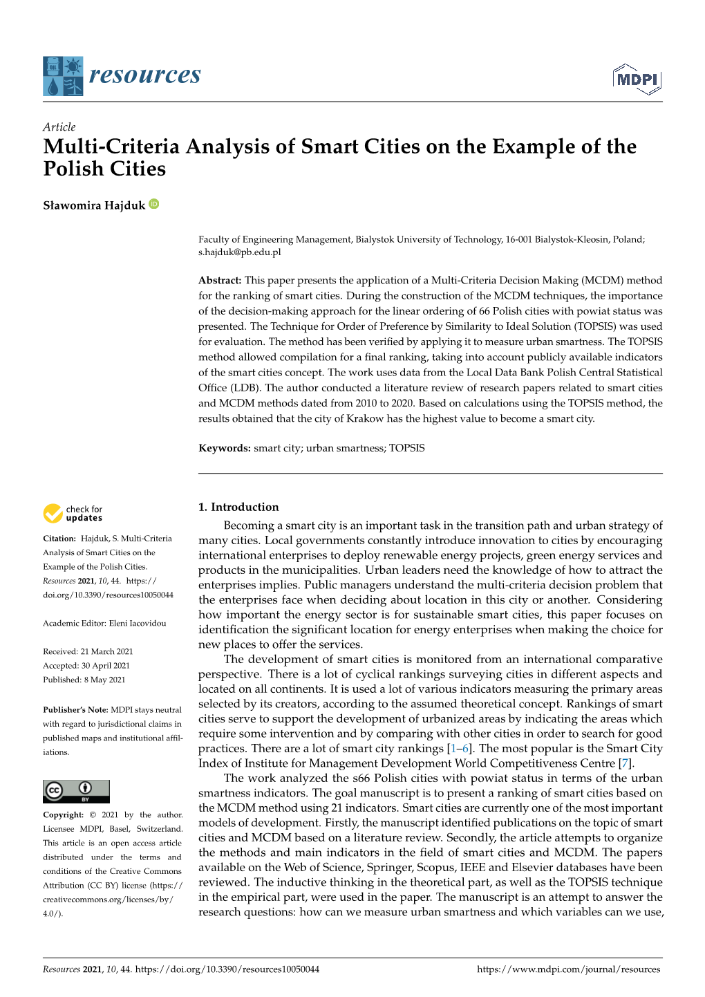 Multi-Criteria Analysis of Smart Cities on the Example of the Polish Cities