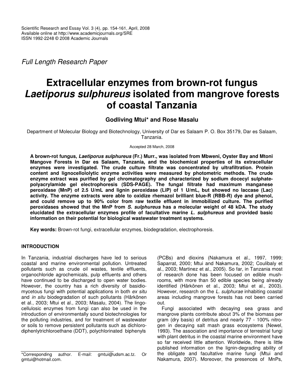 Extracellular Enzymes from Brown-Rot Fungus Laetiporus Sulphureus Isolated from Mangrove Forests of Coastal Tanzania