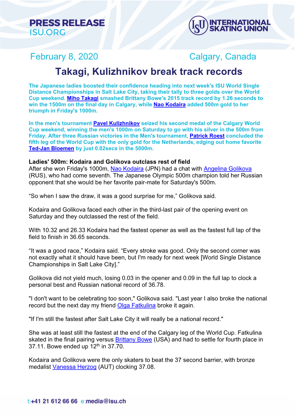 Takagi, Kulizhnikov Break Track Records