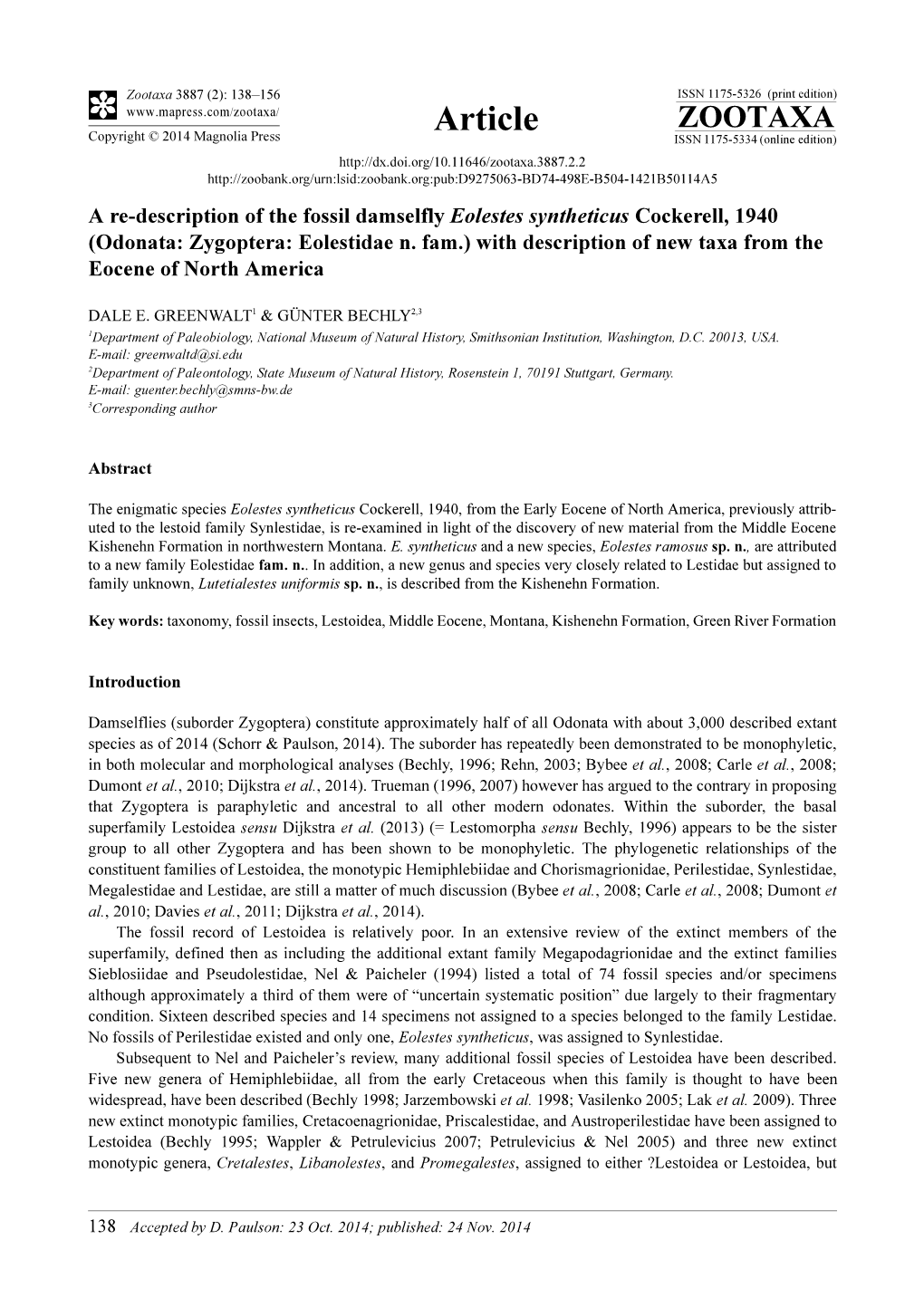 Odonata: Zygoptera: Eolestidae N. Fam.) with Description of New Taxa from the Eocene of North America