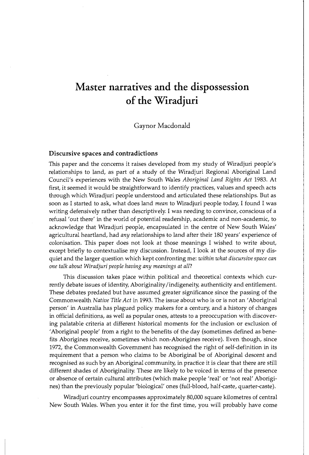 Master Narratives and the Dispossession of the Wiradjuri