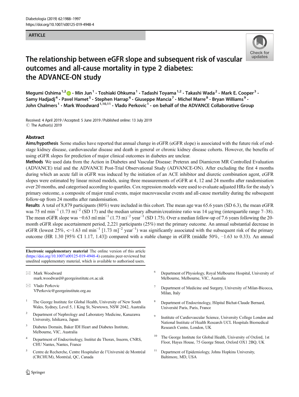 The Relationship Between Egfr Slope and Subsequent Risk of Vascular Outcomes and All-Cause Mortality in Type 2 Diabetes: the ADVANCE-ON Study