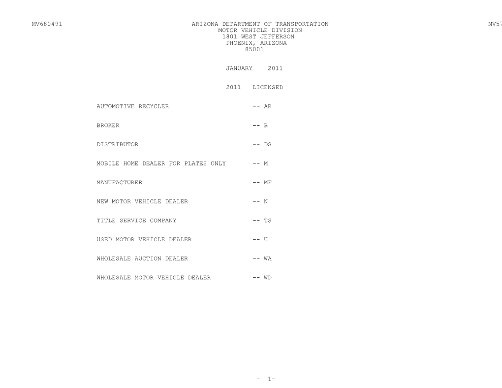 Mv680491 Arizona Department of Transportation Mv579d Motor Vehicle Division 1801 West Jefferson Phoenix, Arizona 85001 January 2
