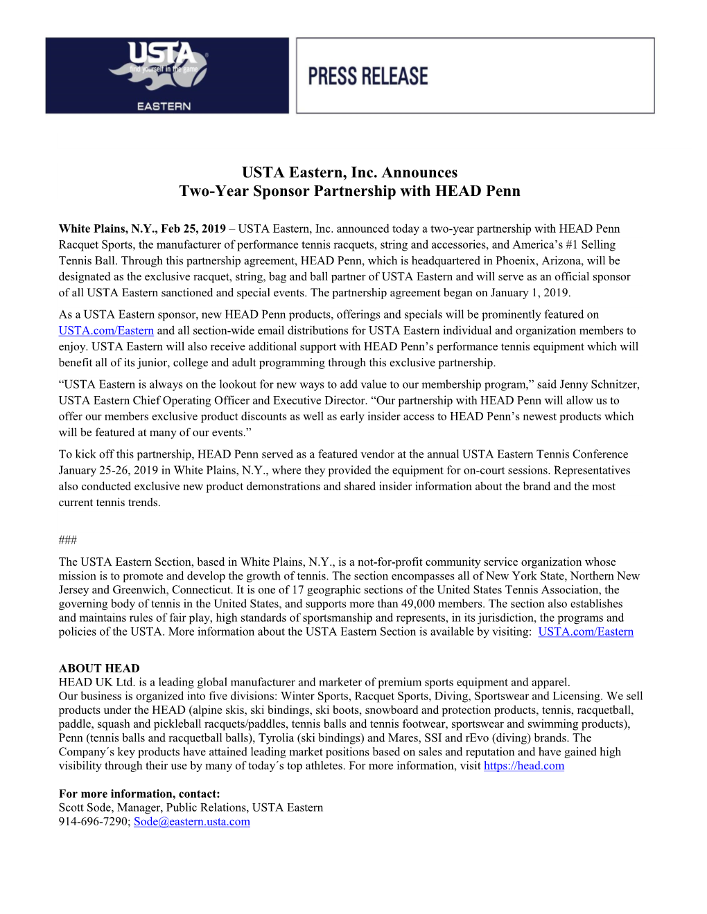 USTA Eastern, Inc. Announces Two-Year Sponsor Partnership with HEAD Penn