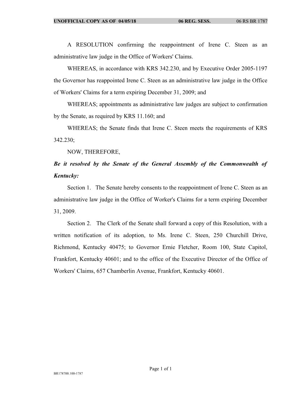 Unofficial Copy As of 04/11/06 06 Reg. Sess. 06 Rs Br 1787