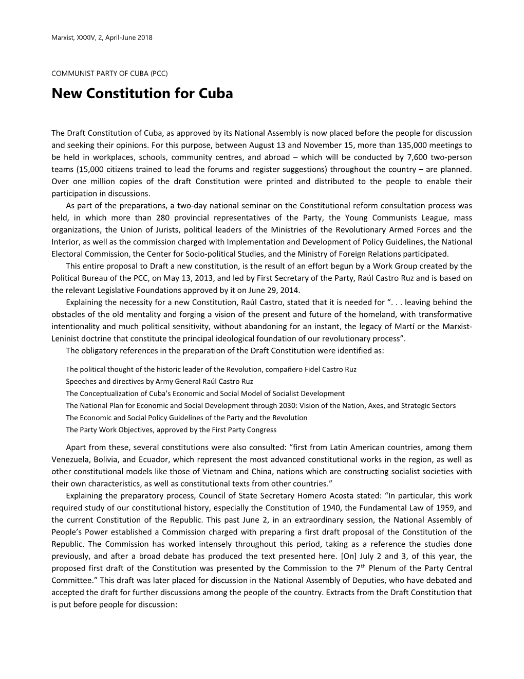 New Constitution for Cuba