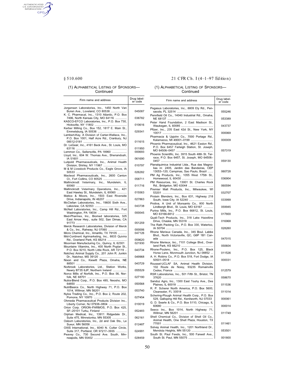 21 CFR Ch. I (4–1–97 Edition) § 510.600