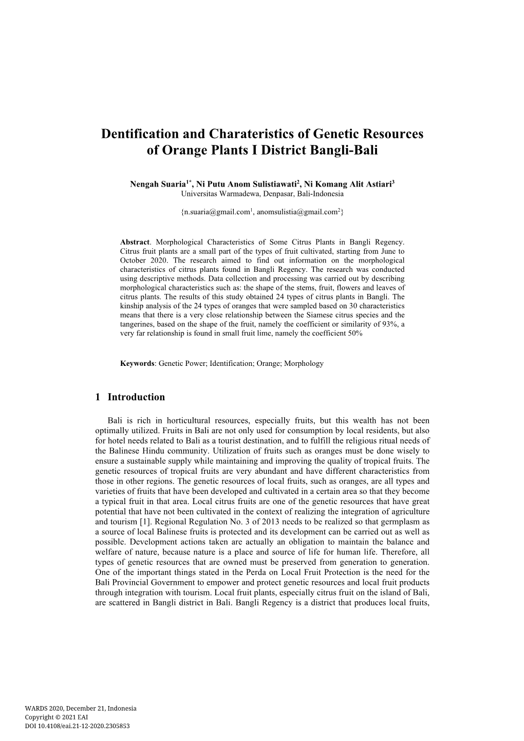 Dentification and Charateristics of Genetic Resources of Orange Plants I District Bangli-Bali