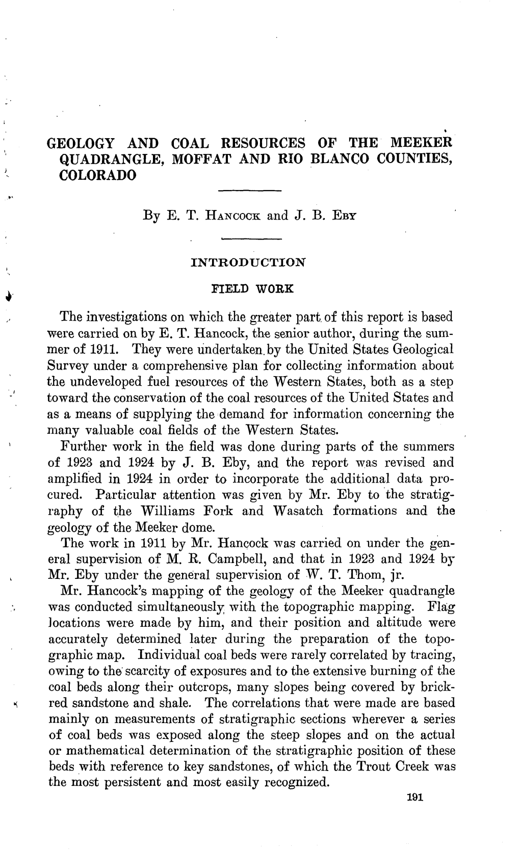 Geology and Coal Resources of the Meeker Quadrangle, Moffat and Rio Blanco Counties, Colorado