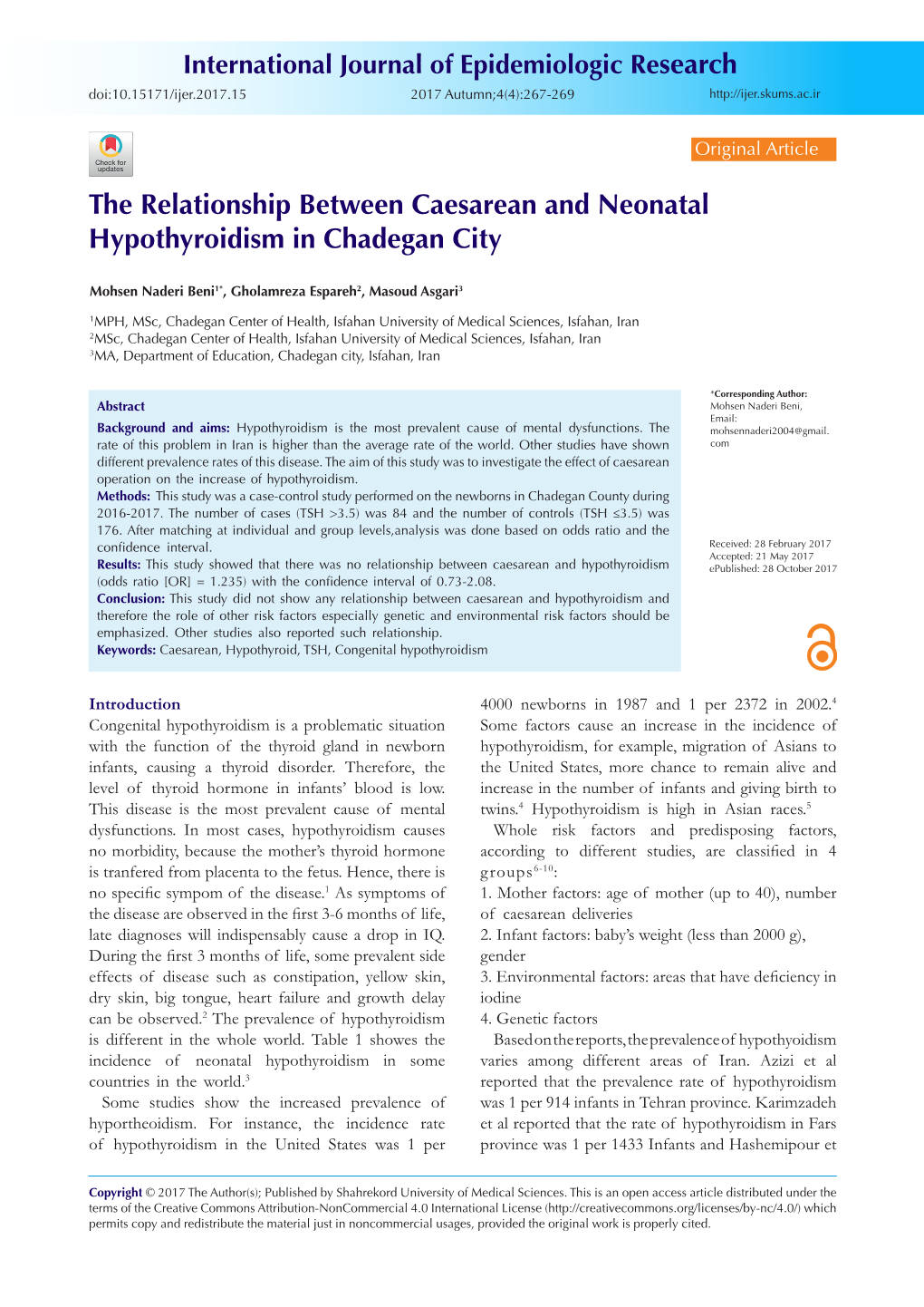 The Relationship Between Caesarean and Neonatal Hypothyroidism in Chadegan City