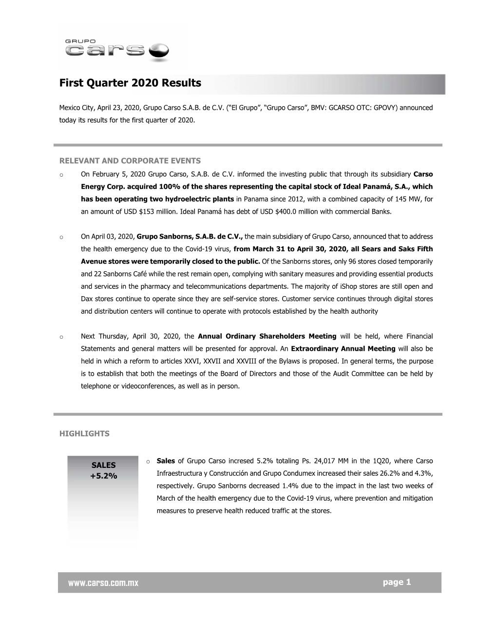First Quarter 2020 Results