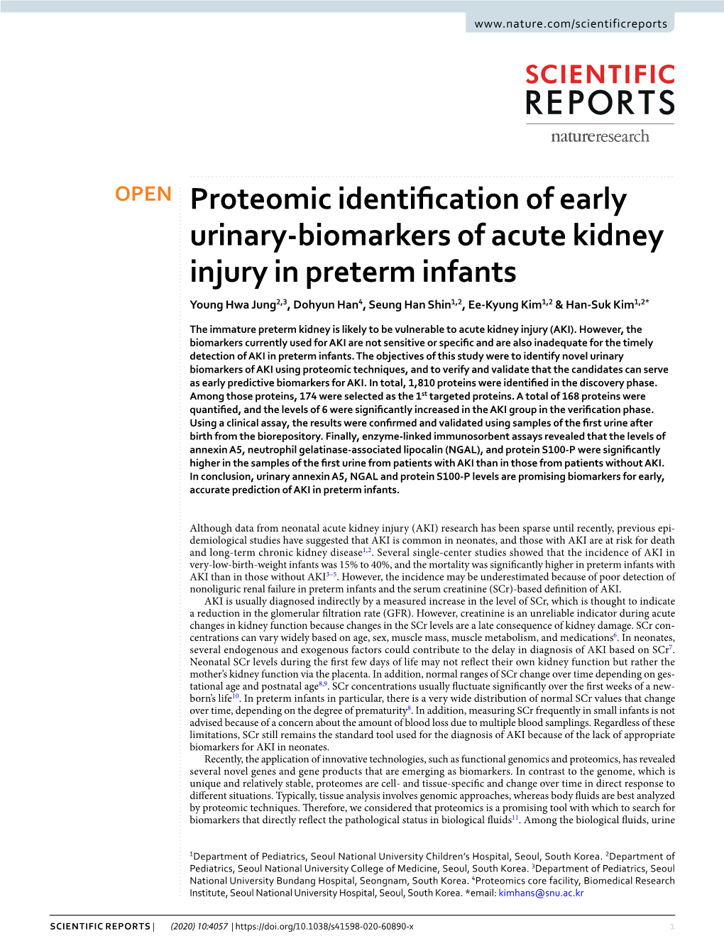 Proteomic Identification of Early Urinary-Biomarkers of Acute Kidney