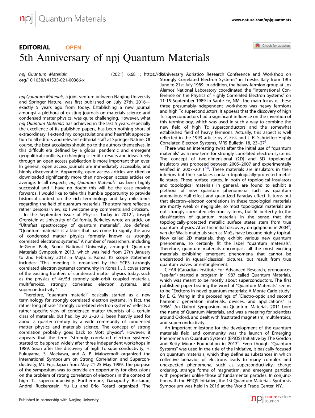 5Th Anniversary of Npj Quantum Materials