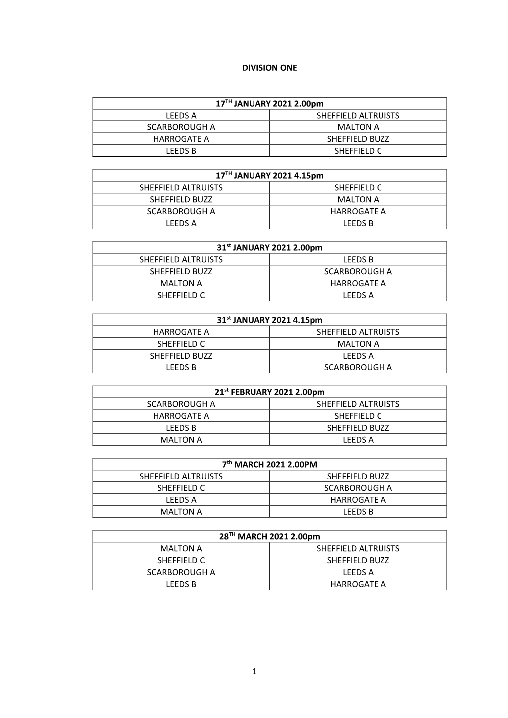 1 DIVISION ONE 17TH JANUARY 2021 2.00Pm LEEDS a SHEFFIELD