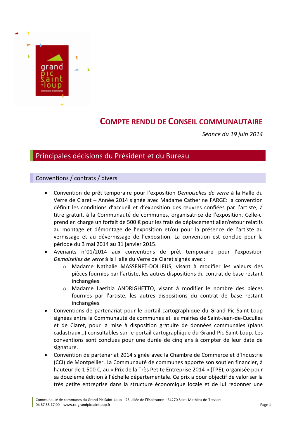 Conseil Communautaire Du 19 Juin 2014