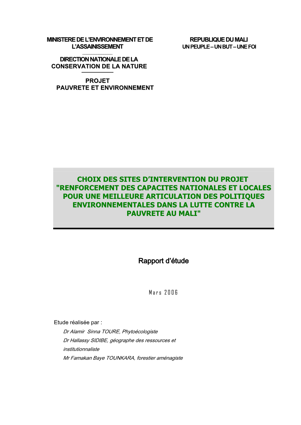 Choix Des Sites D 'Interven Tion Du Projet Renforcemen T De Capacites Nationales Et Locales Pour