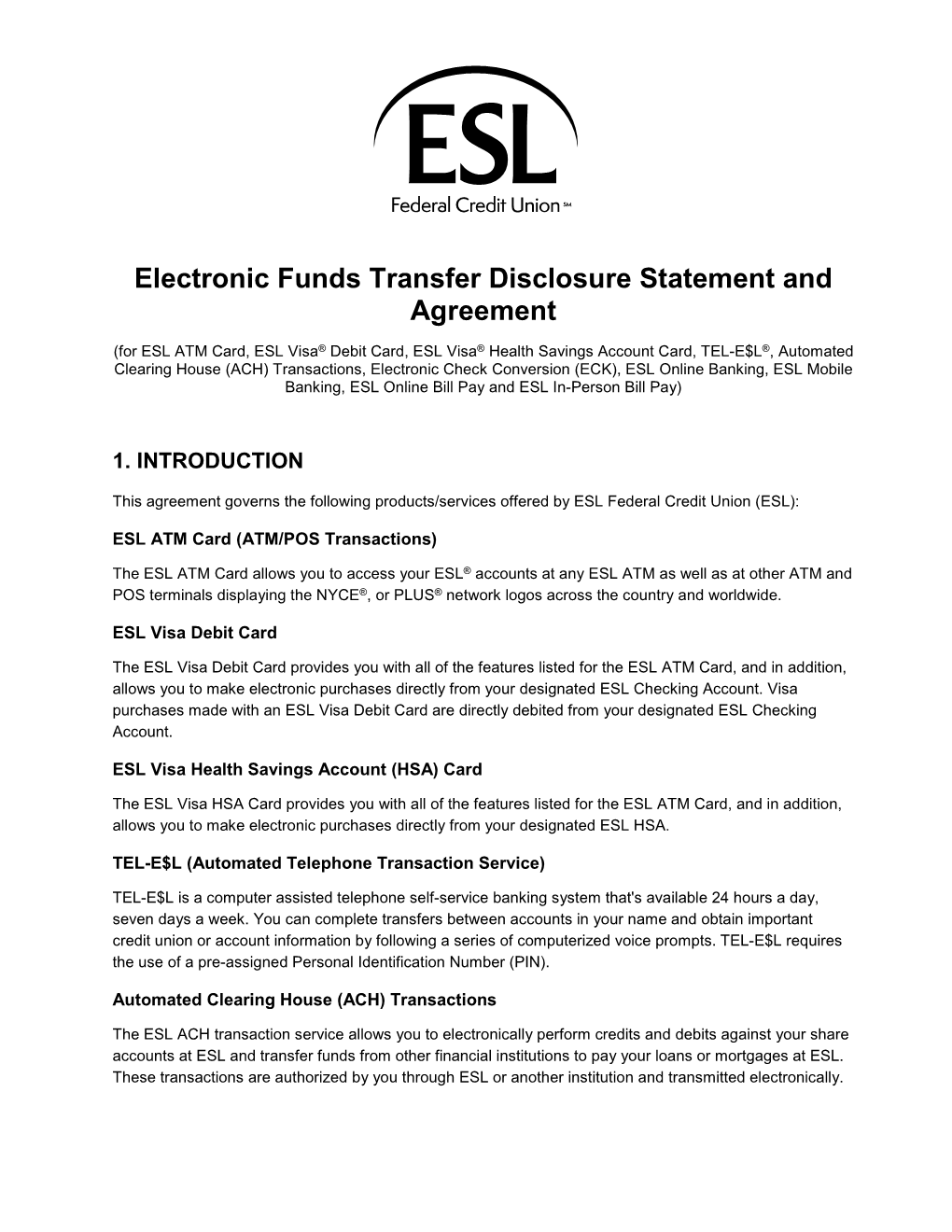 Electronic Funds Transfer Disclosure Statement and Agreement