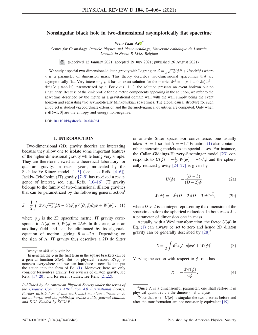 Nonsingular Black Hole in Two-Dimensional Asymptotically Flat Spacetime