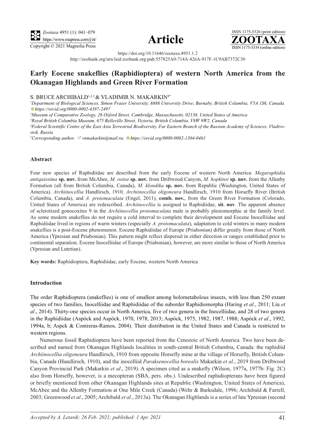 Early Eocene Snakeflies (Raphidioptera) of Western North America from the Okanagan Highlands and Green River Formation