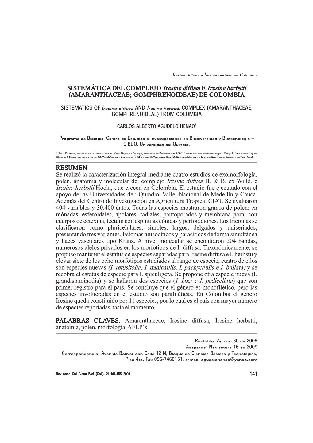 SISTEMÁTICA DEL COMPLEJO Iresine Diffusa E Iresine Herbstii