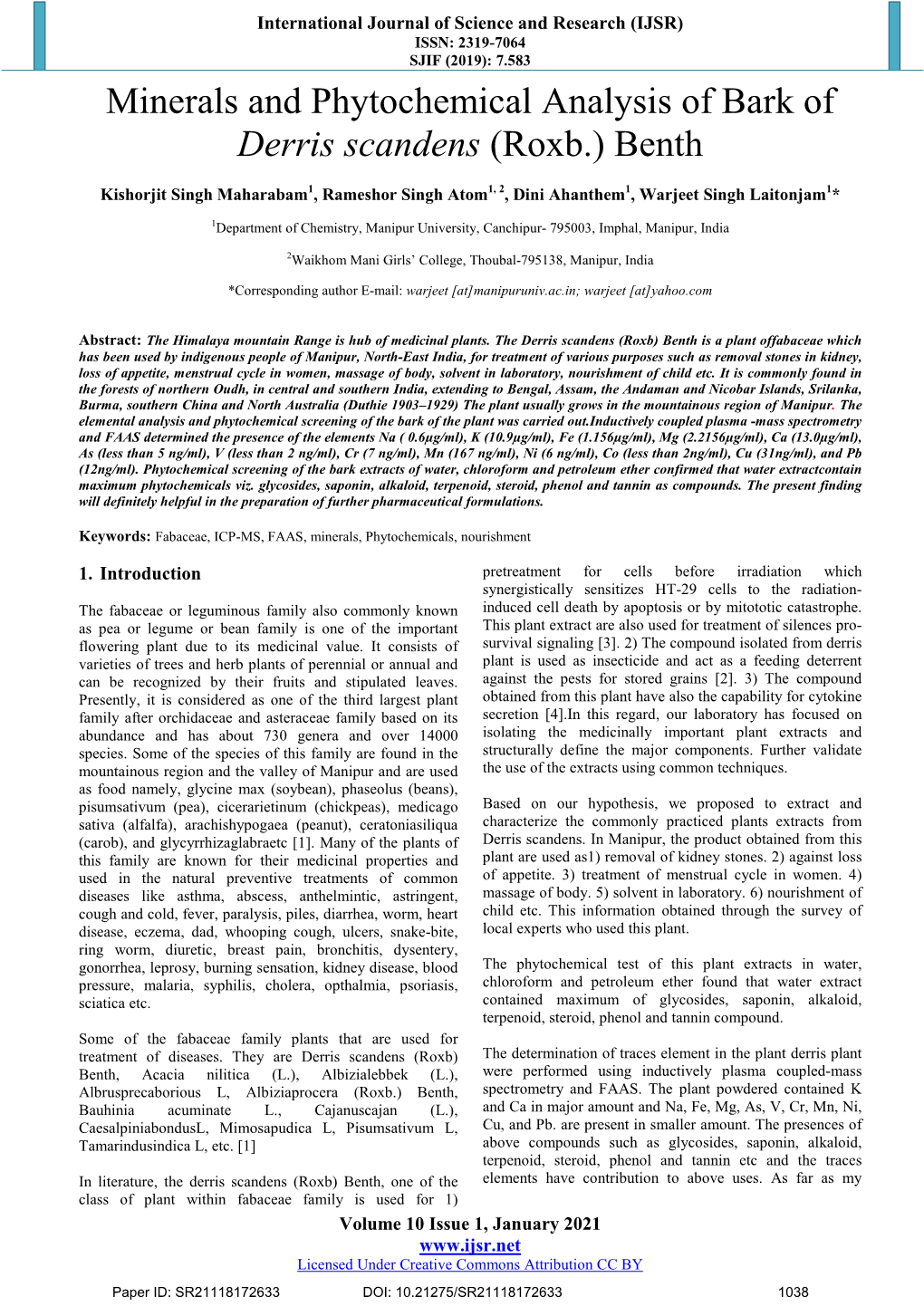 Minerals and Phytochemical Analysis of Bark of Derris Scandens (Roxb.) Benth