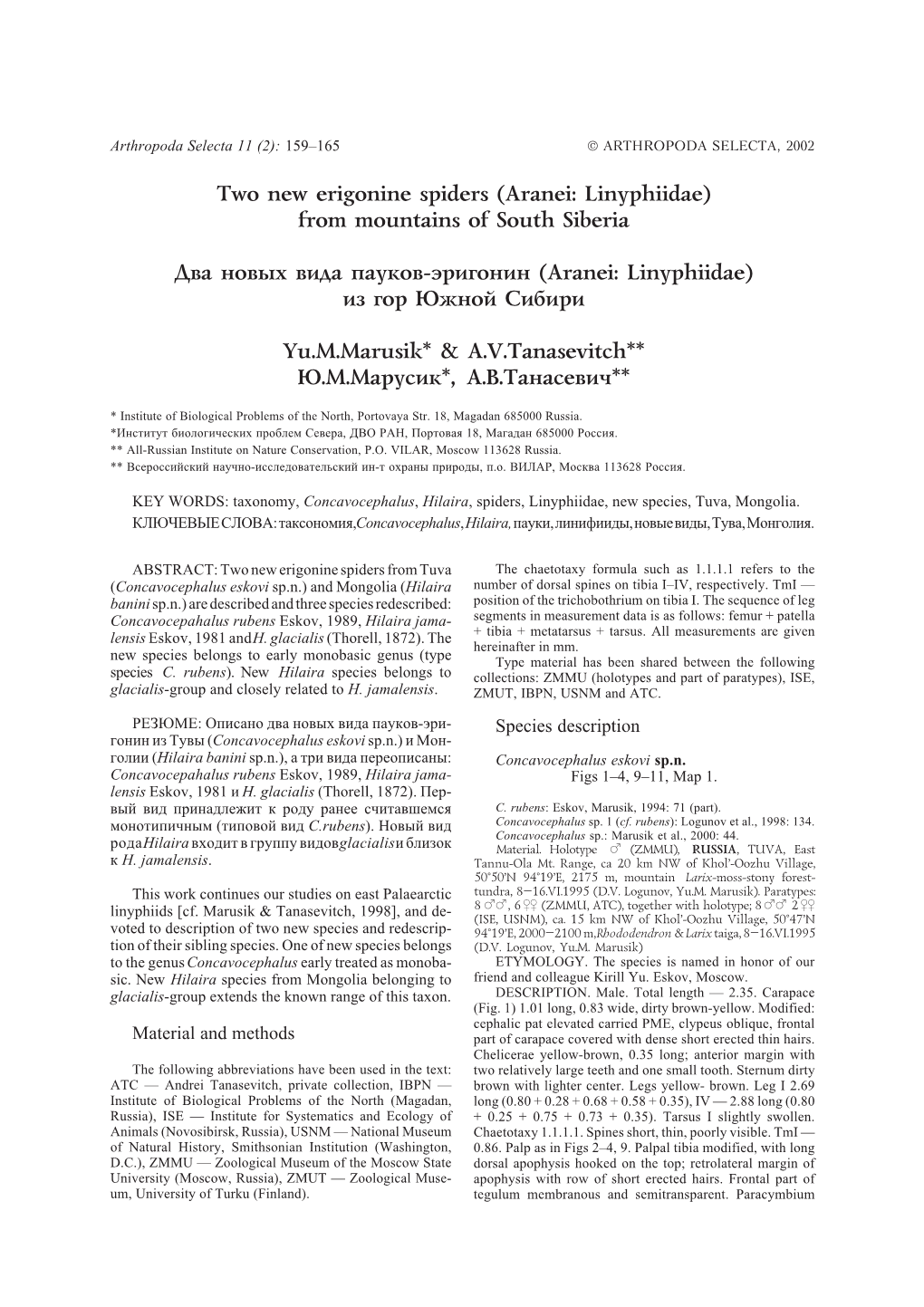 Two New Erigonine Spiders (Aranei: Linyphiidae) from Mountains of South Siberia