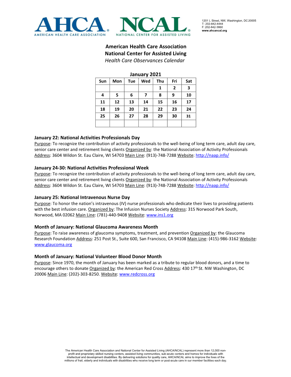 American Health Care Association National Center for Assisted Living Health Care Observances Calendar January 2021