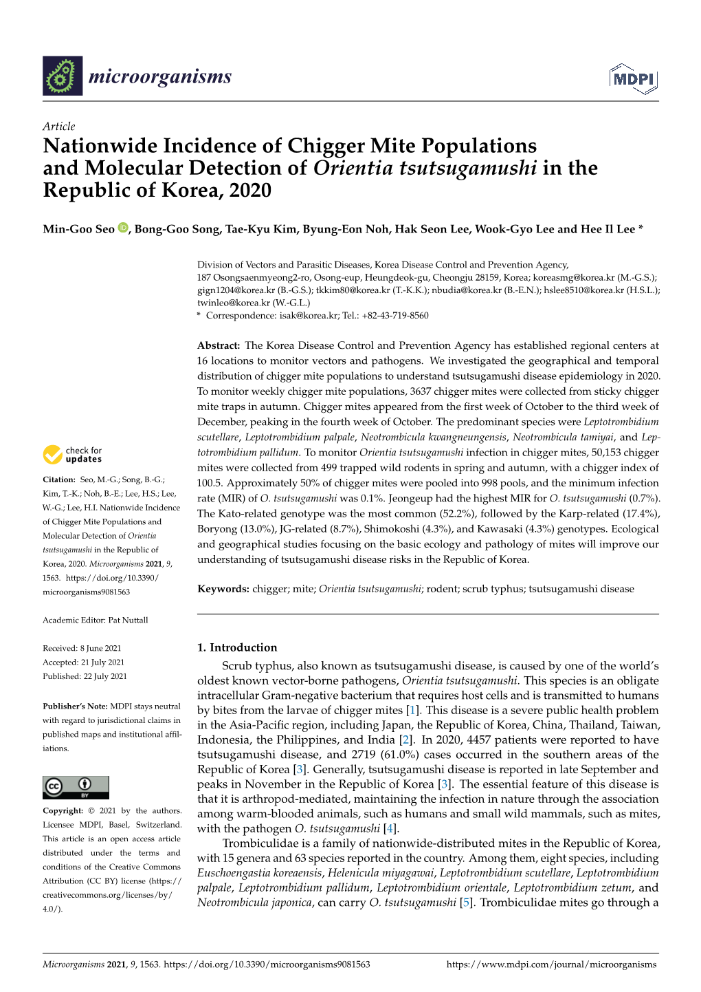 Nationwide Incidence of Chigger Mite Populations and Molecular Detection of Orientia Tsutsugamushi in the Republic of Korea, 2020