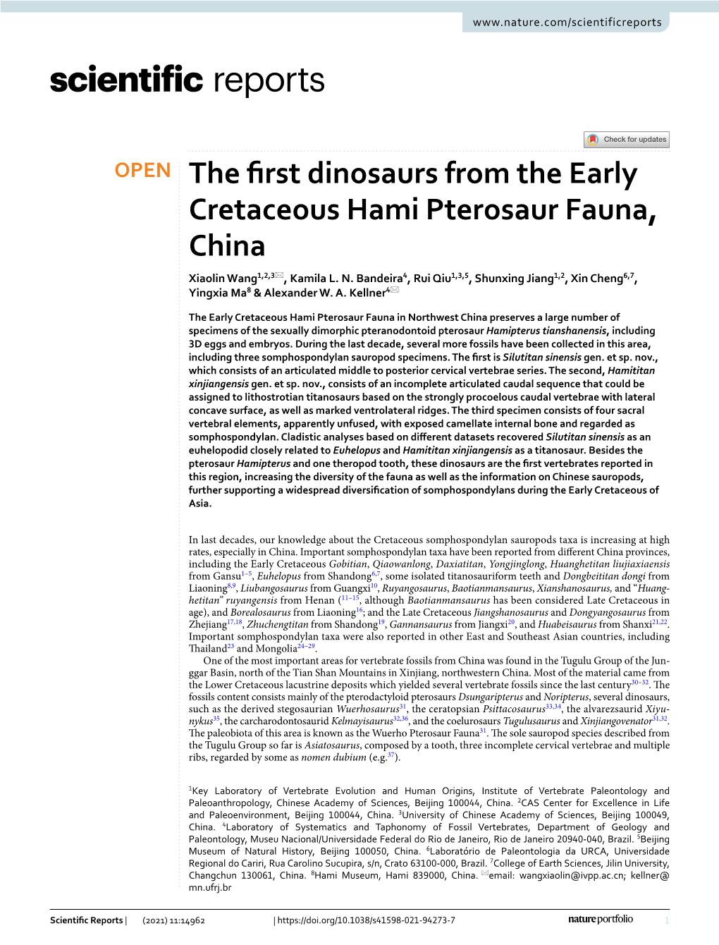 The First Dinosaurs from the Early Cretaceous Hami Pterosaur Fauna