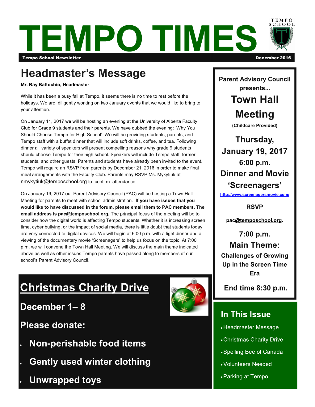 Headmaster's Message Christmas Charity Drive