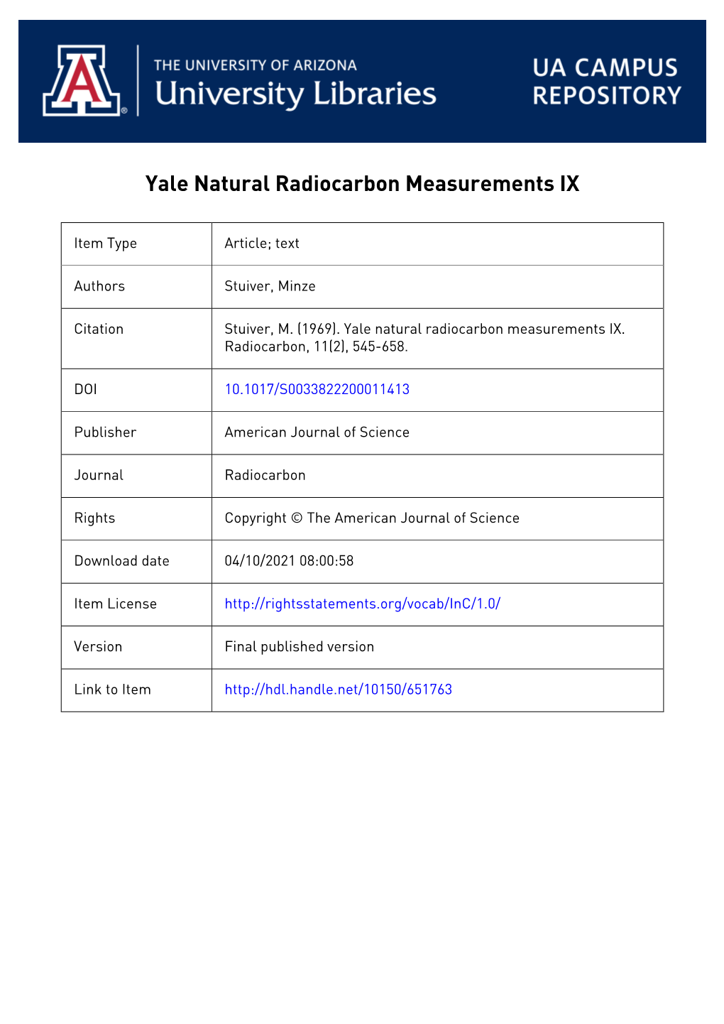 Yale Natural Radiocarbon Measurements 1X Minze