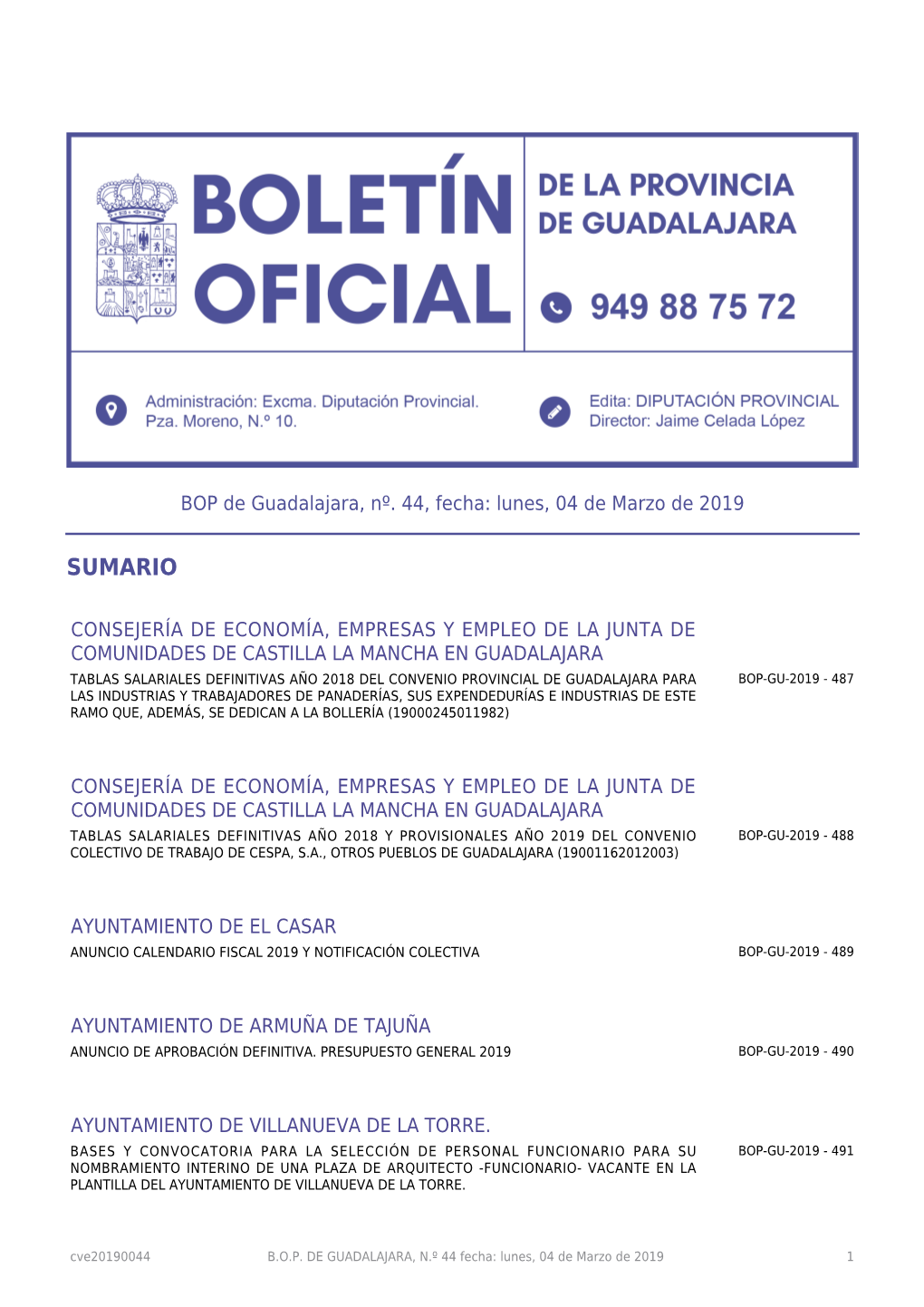 BOP De Guadalajara, Nº. 44, Fecha: Lunes, 04 De Marzo De 2019