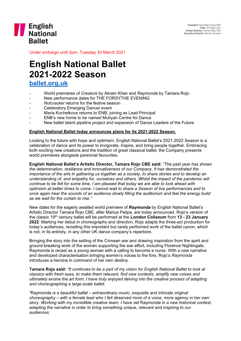 English National Ballet 2021-2022 Season