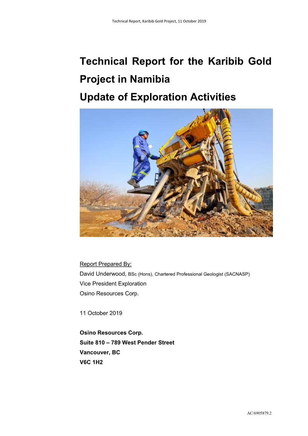 Technical Report for the Karibib Gold Project in Namibia Update Of