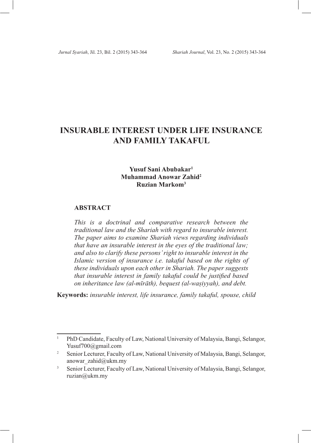 Insurable Interest Under Life Insurance and Family Takaful