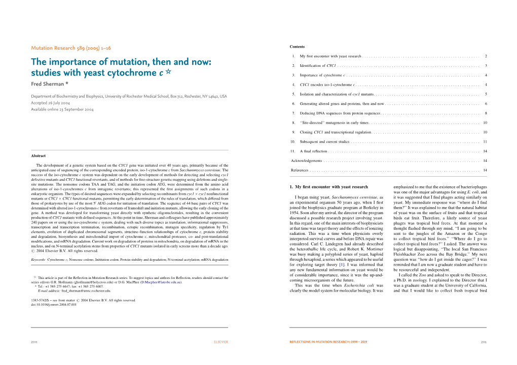 The Importance of Mutation, Then and Now: Studies with Yeast Cytochrome C