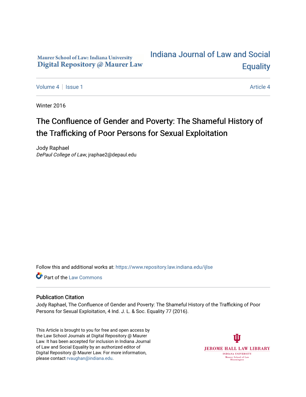 The Confluence of Gender and Poverty: the Shameful History of the Trafficking of Poor Persons for Sexual Exploitation