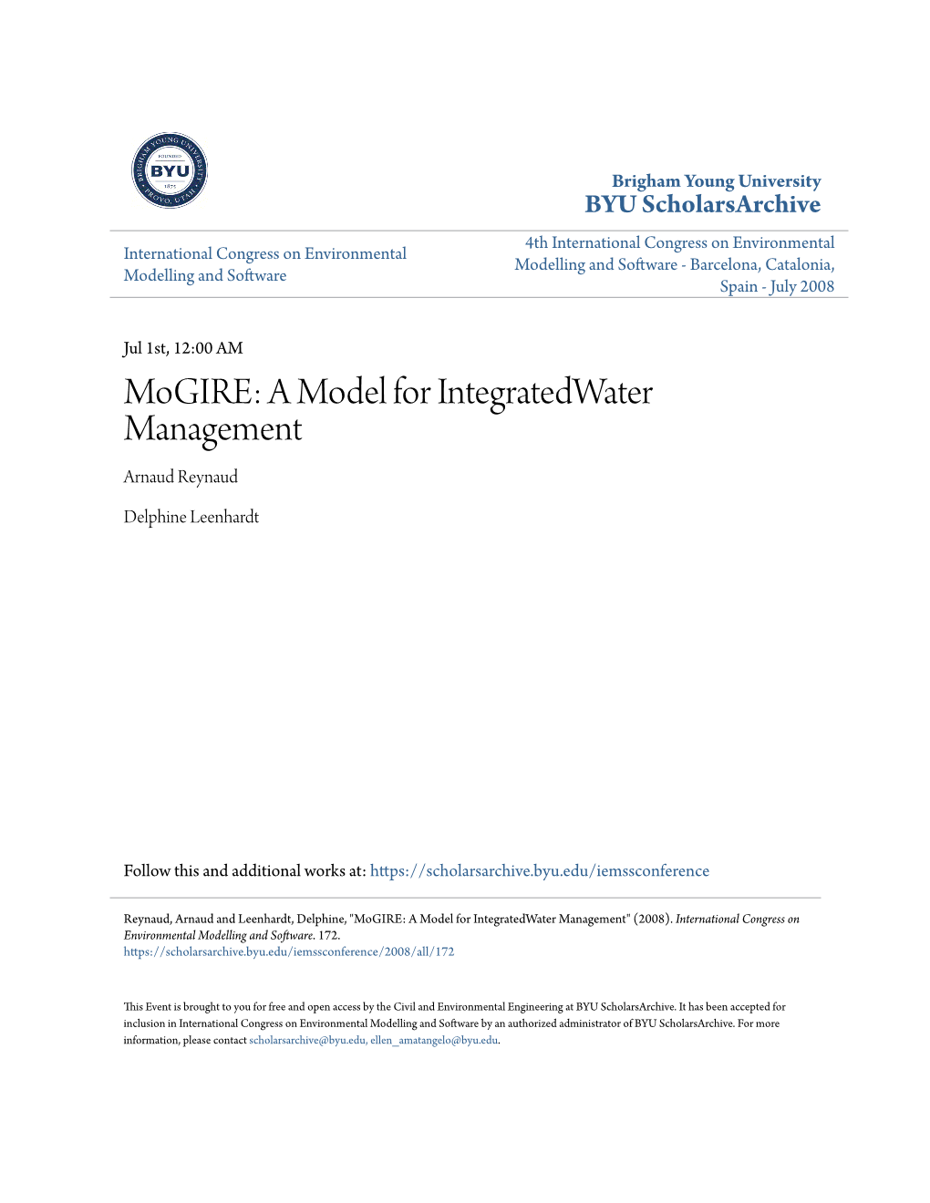 Mogire: a Model for Integratedwater Management Arnaud Reynaud