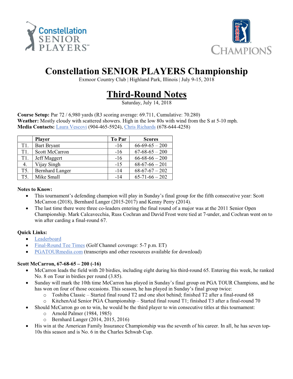 Constellation SENIOR PLAYERS Championship Third-Round Notes