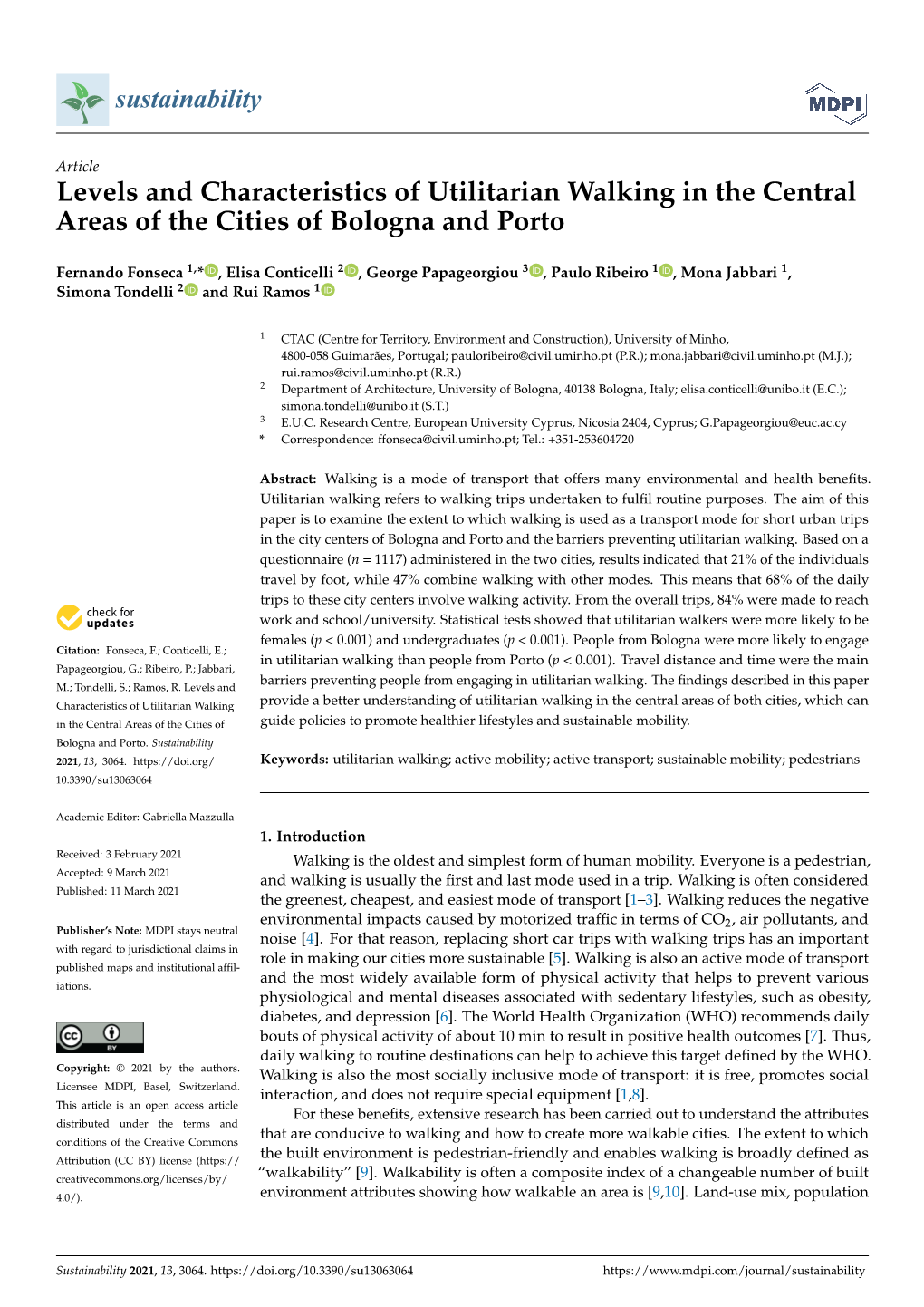 Levels and Characteristics of Utilitarian Walking in the Central Areas of the Cities of Bologna and Porto