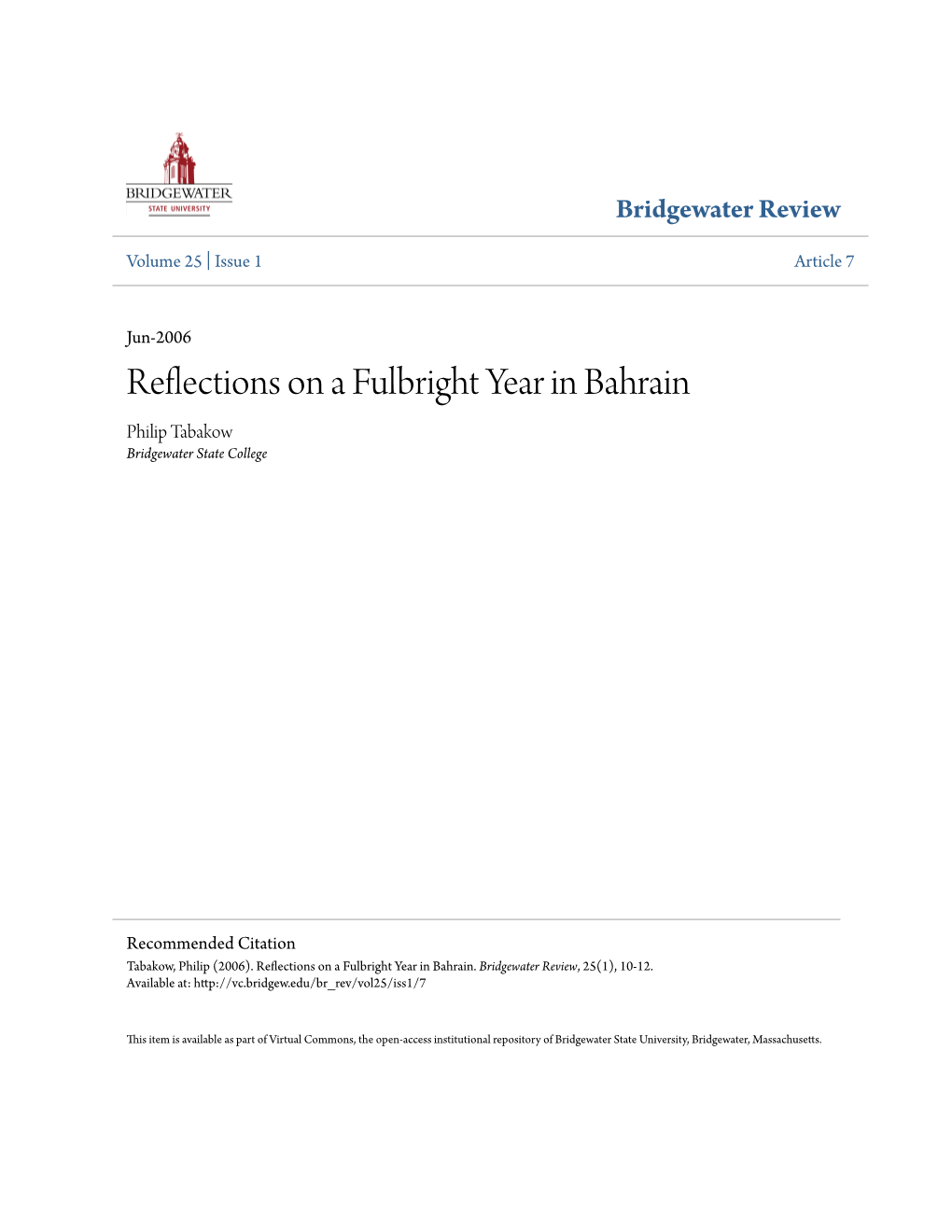 Reflections on a Fulbright Year in Bahrain Philip Tabakow Bridgewater State College