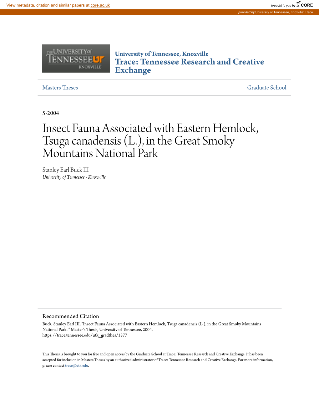 Insect Fauna Associated with Eastern Hemlock, Tsuga Canadensis