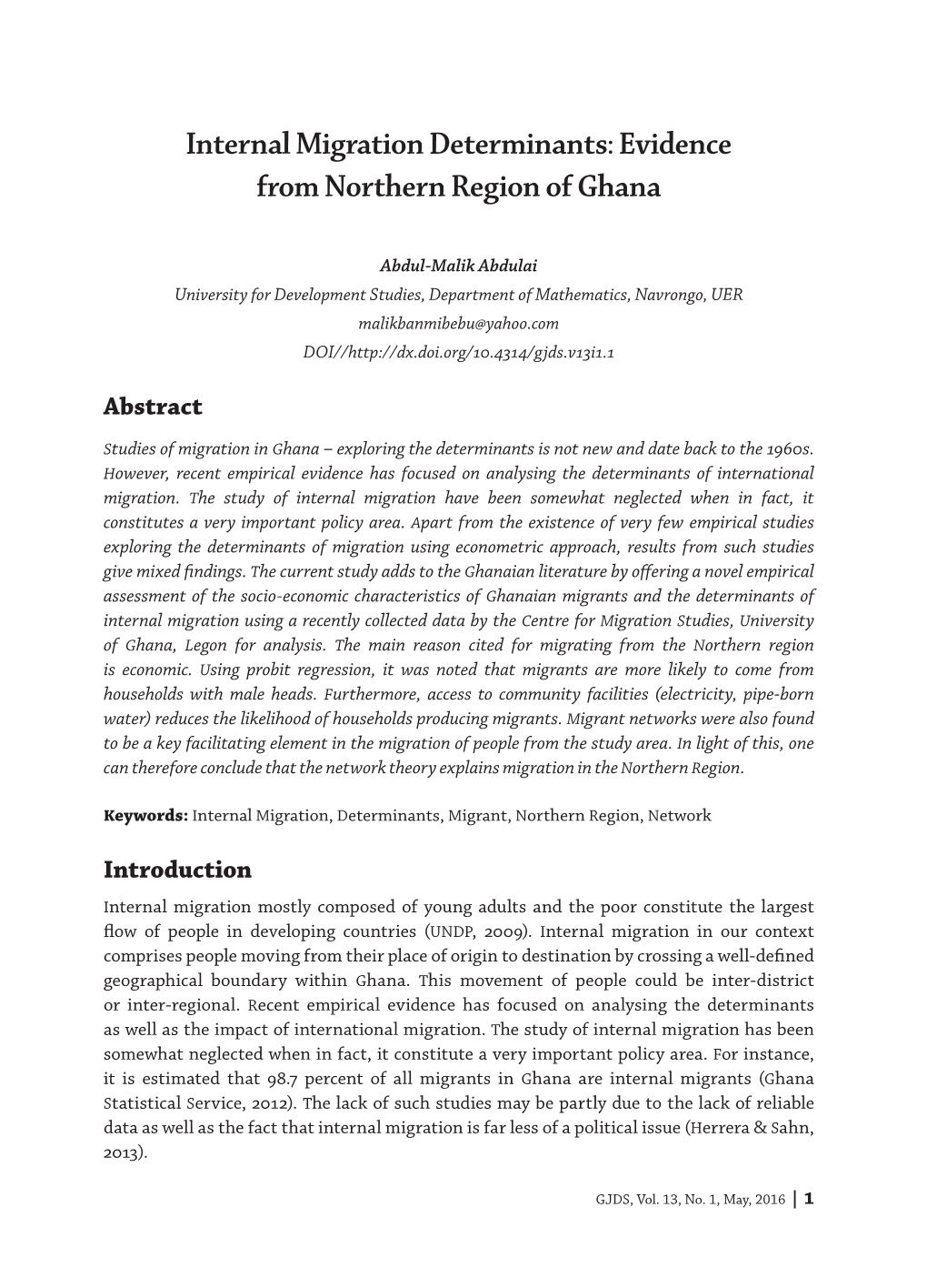Internal Migration Determinants: Evidence from Northern Region of Ghana