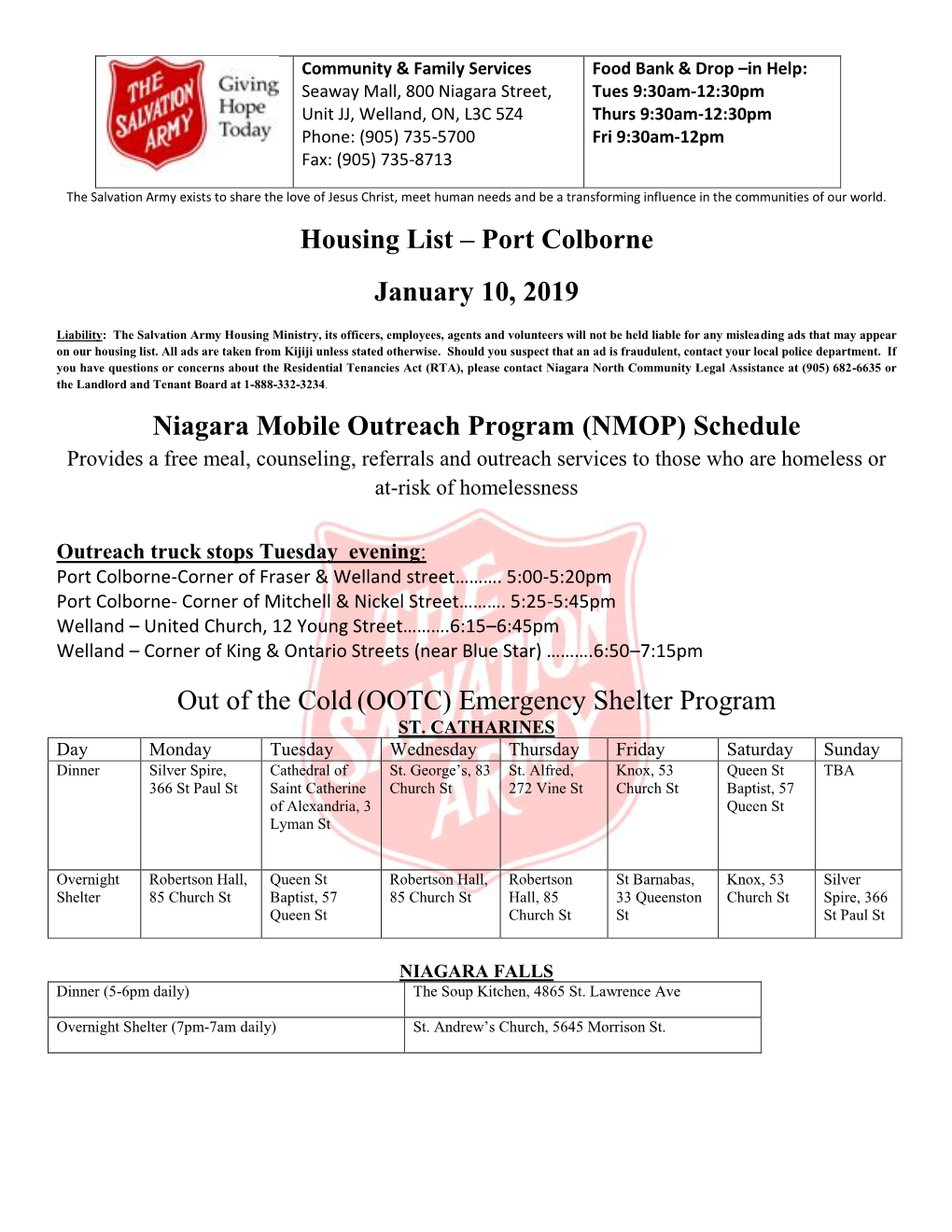 Housing List – Port Colborne January 10, 2019 Niagara Mobile Outreach Program