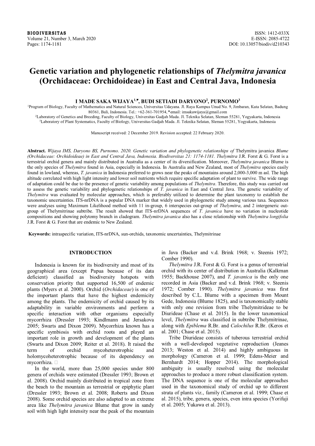 Genetic Variation and Phylogenetic Relationships of Thelymitra Javanica (Orchidaceae: Orchidoideae) in East and Central Java, Indonesia