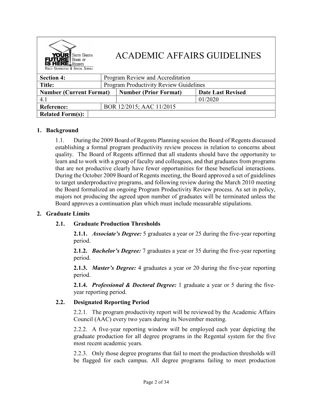 Academic Affairs Guidelines 4.1 – Program Productivity Review Guidelines