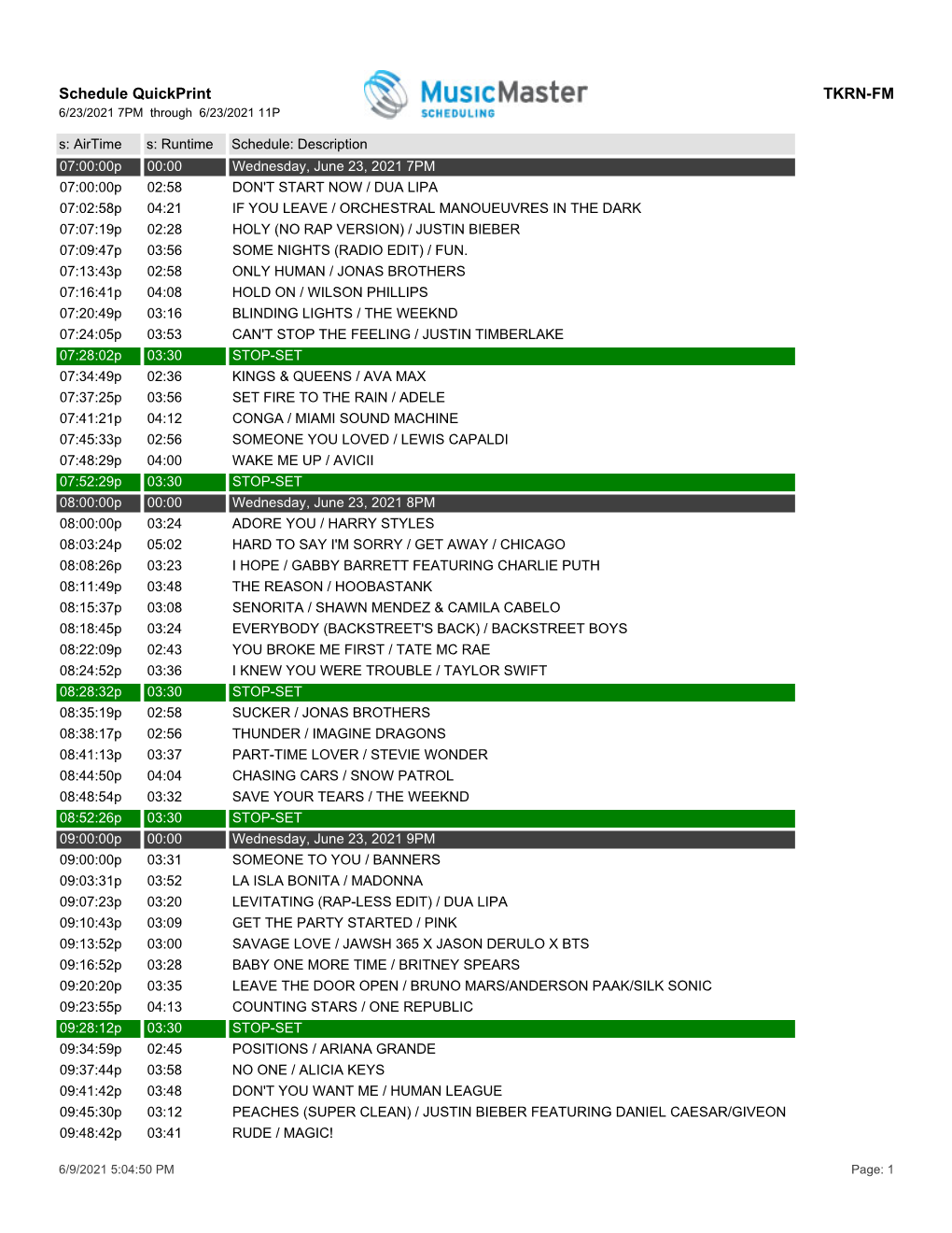 Schedule Quickprint TKRN-FM