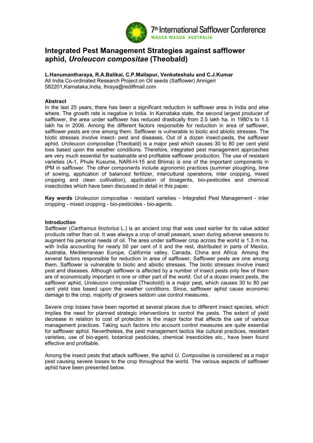 Integrated Pest Management Strategies Against Safflower Aphid, Uroleucon Compositae (Theobald)